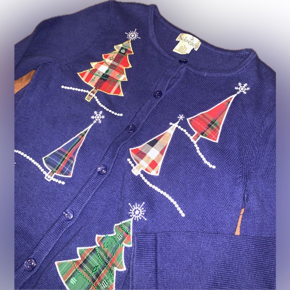 Vintage Festive Blue Knit Sweater Embroidered Sequins Plaid Trees Snowflakes XL - Picture 5 of 12